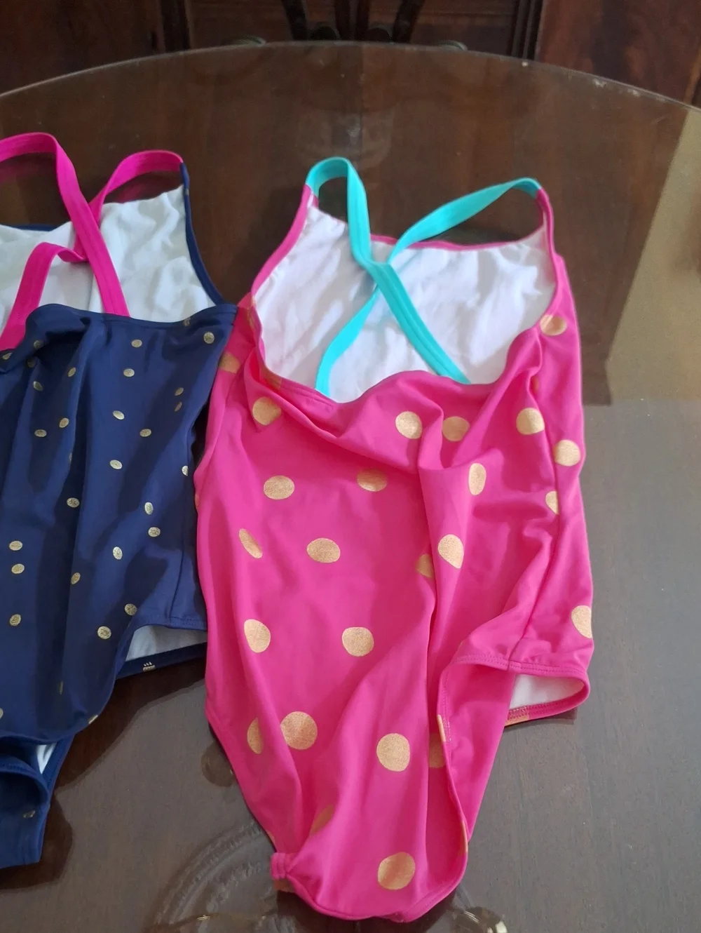 Two Boden Kids Size 13-14 Polka Dot One-Piece Swimsuits - Pink & Navy, Like New